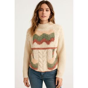 Vintage 90’s Y2K Hand Knit Cream Pink & Green Cabincore Cottagecore Sweater Sz M